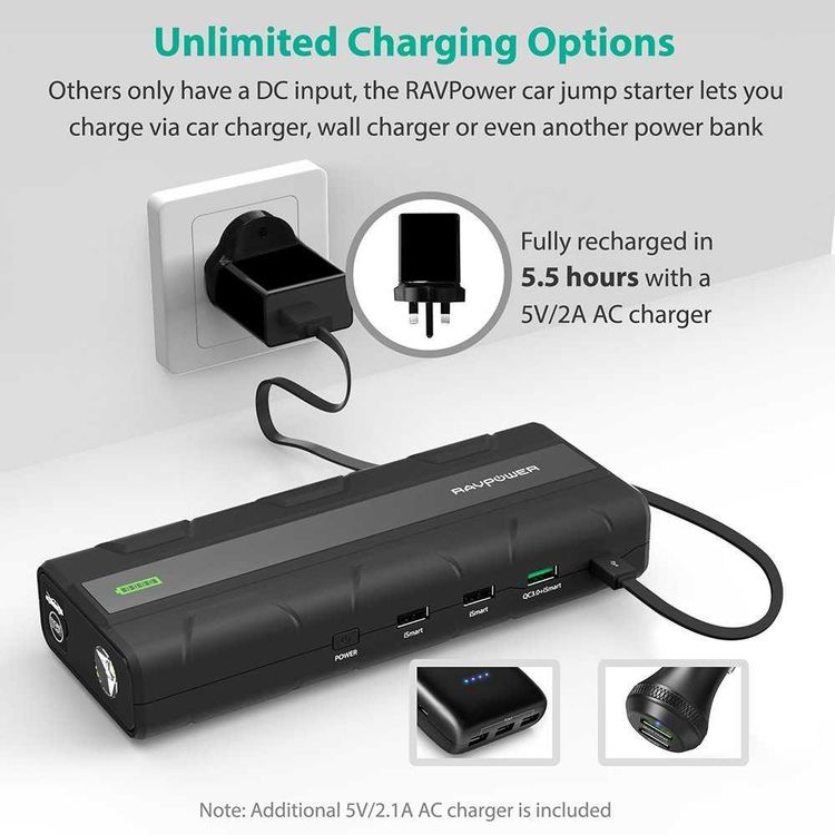 RAVPower Portable Car Jumper Starter 14000mAh 1000A Power Bank UK with LED Flashlight & Smart LCD Display - Quick Charge 3.0 with iSmart Technology - 360 Degree Protection - Black