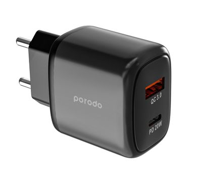 شاحن سريع مزدوج الإخراج من Porodo EU USB-C PD وUSB-A QC - أسود