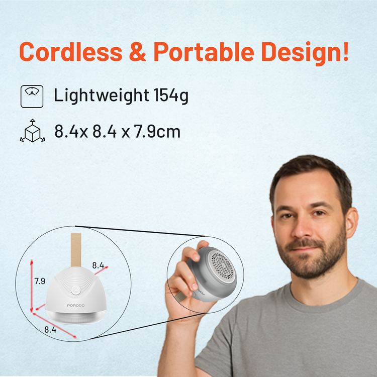 Porodo Lifestyle Fabric Shaver Lint & Bobbles Remover with Efficient 6-Blade Design, 5W Rated Power, 600mAh Battery Capacity, 1.5 Hours Working Time, USB-C Charging Interface, 7200RPM Motor Speed, 50mL Lint Bin Capacity - White