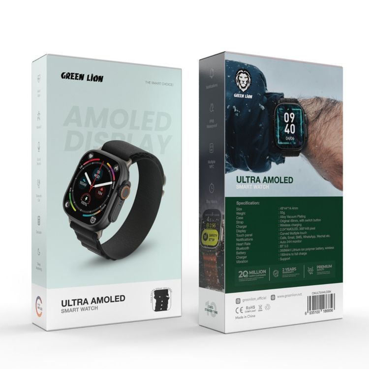 Green Lion Ultra Amoled Smart Watch with Curved Multiple Touch Panel, Original 49mm with Switch Button Strap, 350mAh Battery,  150 Minutes Charging Time, Bluetooth 5.0, Multiple NFC - Black