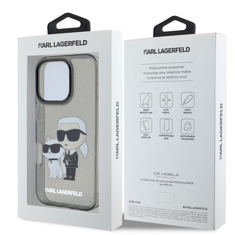 جراب Karl Lagerfeld IML اللامع الصلب مع شعار Karl &amp; Choupette NFT لهاتف iPhone 16 Pro، ممتص للصدمات والسقوط، فتحات دقيقة، قبضة مريحة، سهل التركيب - أسود