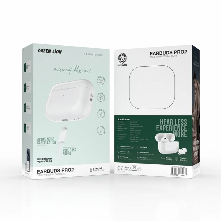 Green Lion Earbuds Pro 2 with Active Noise Cancellation, Built-in Microphone, High-Excursion Driver Speaker, Wireless Charging, 5 Hours Working Time - White