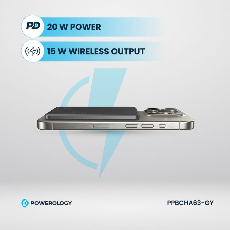 Powerology Ultra-Thin 5000mAh MagSafe Power Bank, Portable & Lightweight, Efficient Heat Dissipation, Aluminum Housing, Built-In Safeguards, Strong Magnet - Gray