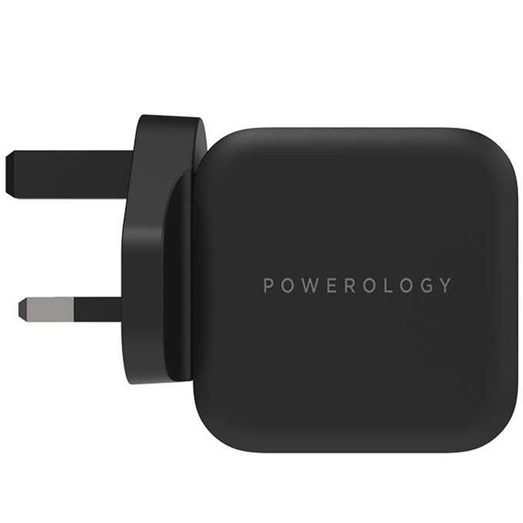 Powerology Ultra-Compact PD Charger with 61W Power Delivery, 100% Charge in 2 Hours, UK 3-Pin Plug, Built-in Safeguards, Advanced GaN Technology - Black