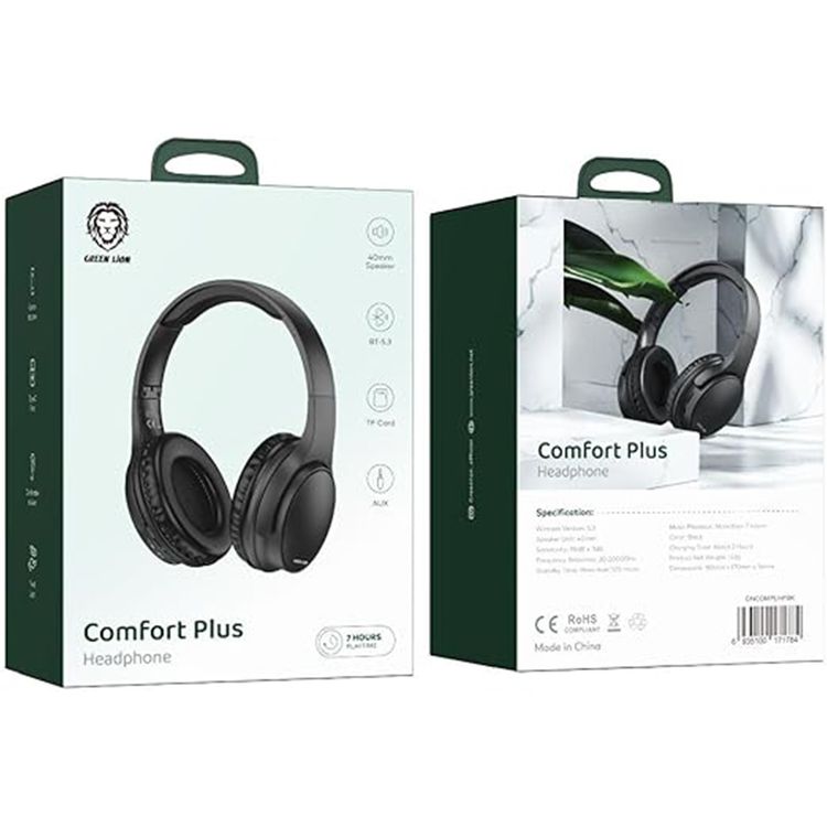 Green Lion Comfort Plus Over-Ear Headphones, Wired and Wireless Connection, 7 Hours Playtime,  Bluetooth Version 5.3, Comfortable to Wear - Black