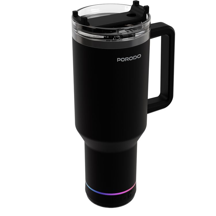 Porodo HydroTunes Tumbler with Detachable Bluetooth Speaker Base, Bluetooth Version 5.3, 300mAh Battery, 1.2L Capacity, USB-C Charging Port, Dual-Function Design, Leakproof Silicone Lid, 3W Speaker Output Power - Black