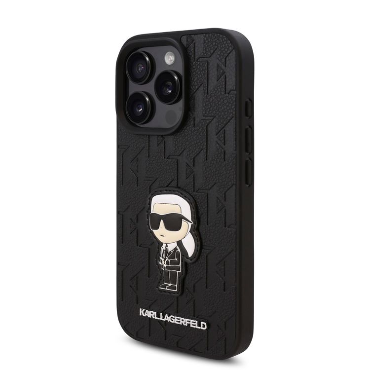 Karl Lagerfeld PU Hard Case for iPhone 16 Pro Max with Monogram Karl Patch, Drop Protection, Lightweight, Slim Profile, Comfortable Grip, Sustainable Packaging - Black