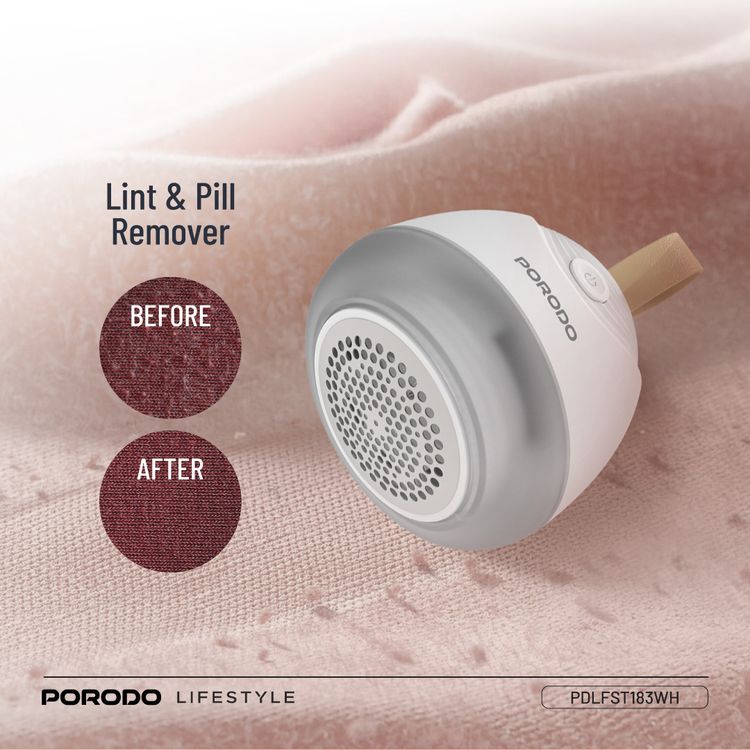 Porodo Lifestyle Fabric Shaver Lint & Bobbles Remover with Efficient 6-Blade Design, 5W Rated Power, 600mAh Battery Capacity, 1.5 Hours Working Time, USB-C Charging Interface, 7200RPM Motor Speed, 50mL Lint Bin Capacity - White