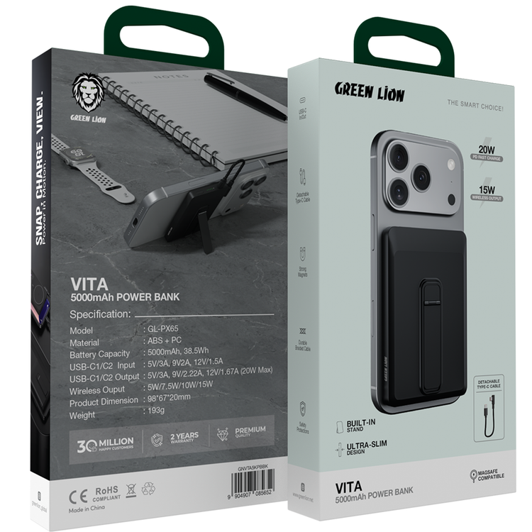 Green Lion Vita 5000mAh Power Bank with Safety Protections, Durable Braided Cable, Strong Magnets, Detachable Type-C Cable, Built-in Stand, MagSafe Compatibility, Ultra-Slim Design - Black
