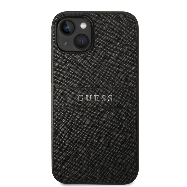 Guess PU Leather Saffiano Case with Metal Logo & Hot Stamp Stripes iPhone 14 Plus Compatibility - Black