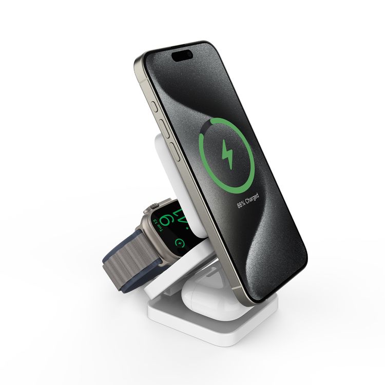 Porodo 3in1 Magsafe Wireless Foldable Fast Charger, Foldable Design, High Quality Materials, Compact & Portable - White