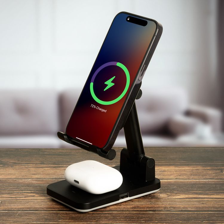 Green Lion Foldable Wireless Charging Stand with 15W Wireless Output, Type-C Interface, 3W TWS Output, Ultra-Stable, Foldable Design, Fast Wireless Charging - Black