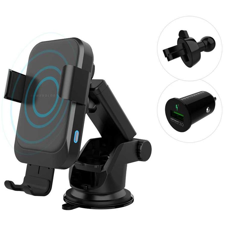 Powerology Wireless Charger Car Mount, Phone Holder Auto Clamping Grip