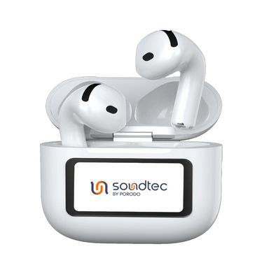 Porodo Soundtec Glimpse ANC Earbuds with Touch Display & Touch Control, 4 Hours of Play Time, Personalized App Control, High-Fidelity Audio, 300mAh Battery Capacity, 10m Transmission Range - White