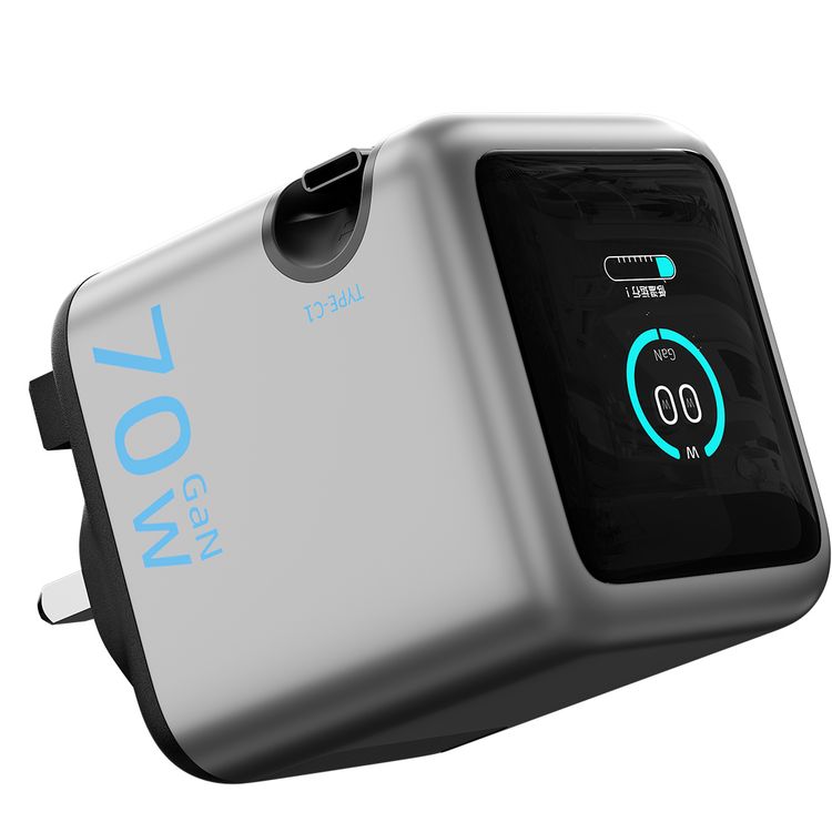 Powerology Halo Dual-Port GaN Charger with 80cm Retractable Type-C Cable, USB-A & USB-C Ports, 70W Max Output, GaN Technology, Smart Power Display, 3-Device Charging, 3-Pin UK Plug, Built-in Safeguards, Fast Charge Support - Gray