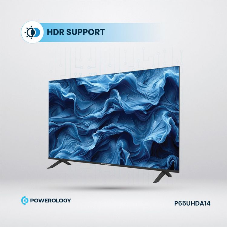 Powerology Android Smart TV 65" with HDR Support, 3 HD Inputs, 1.5GB RAM Memory Size, YouTube, Netflix, & Shahid Support, 4K Ultra HD - Black