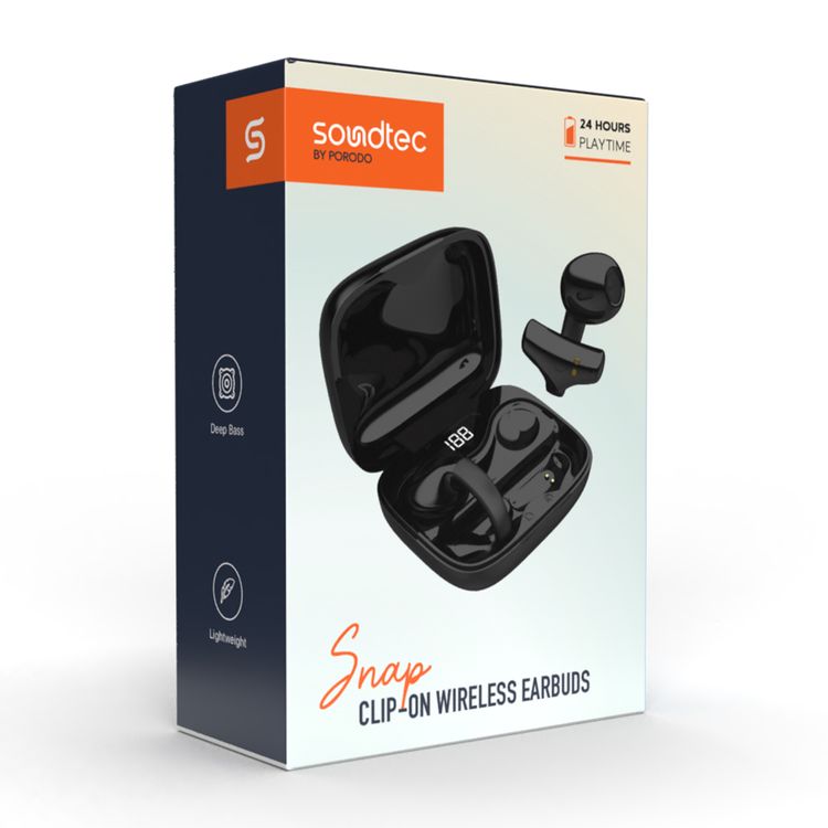 Porodo Soundtec TWS Ear Clip, 10m Transmission Range, Bluetooth V5.3, Up to 24 Hours Play Time, 300mAh Battery Capacity - Black