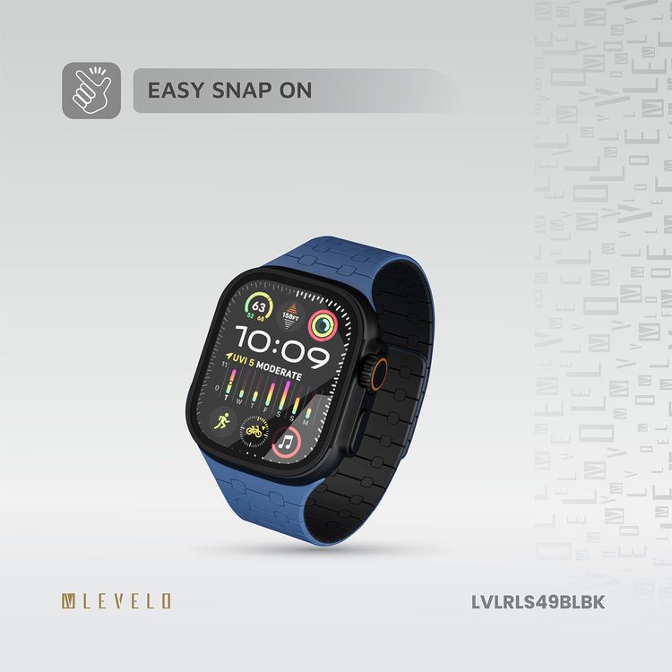 حزام ساعة سيليكون Levelo Royallink ثنائي اللون لساعة Apple Watch بحجم 49/46 مم، مصنوع من مواد مضادة للحساسية، يحتوي على 32 مغناطيس مدمج، مقاوم للماء والعرق، يتميز بقوة التثبيت المغناطيسي، سهل التركيب - أزرق / أسود.