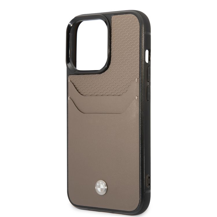 BMW Signature Collection Genuine Leather Case With Cardslot Embossed Pattern - iPhone 14 Pro Max - Taupe