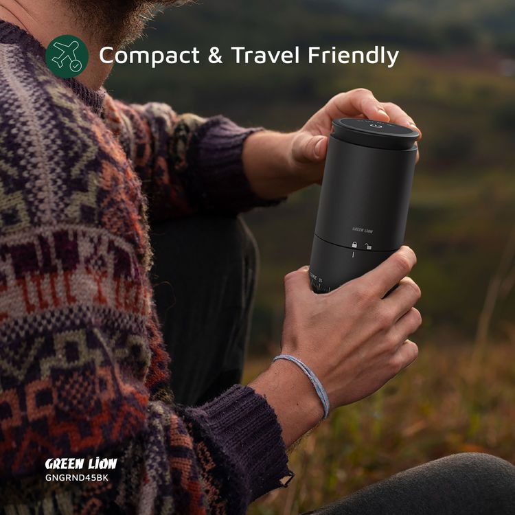 Green Lion Grind Pro Coffee Grinder with Digital Display, Type-C Charging, Touch Control, 12-15 Times Grinding, 25g Bean Holder, Compact & Travel-Friendly, Ceramic Grinding Core - Black