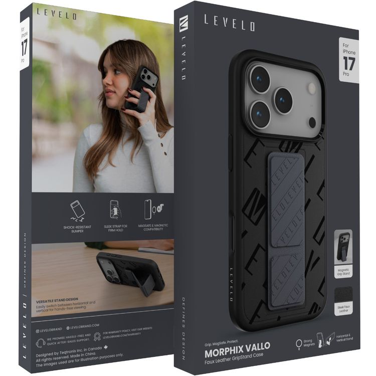 Levelo Morphix Vallo Faux Leather GripStand Case for iPhone 17 Pro, MagSafe & Magnetic Compatibility, Horizontal & Vertical Stand Positions, True Microfiber Interior Lining, Shock-Resistant Bumper, Strong Magnets - Charcoal Storm