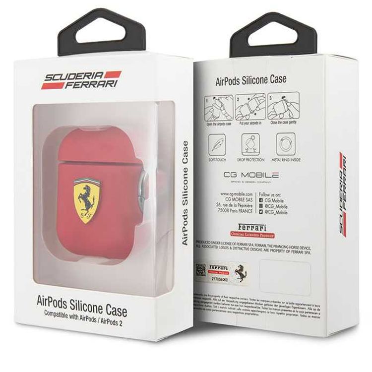 سي جي موبايل فيراري سكوديريا جراب سيليكون بحلقة متوافق مع ايربودز 1/2 ، مقاوم للخدش ، ممتص للصدمات ، حماية من السقوط ، وغطاء سيليكون واقٍ من الغبار مرخص رسميًا