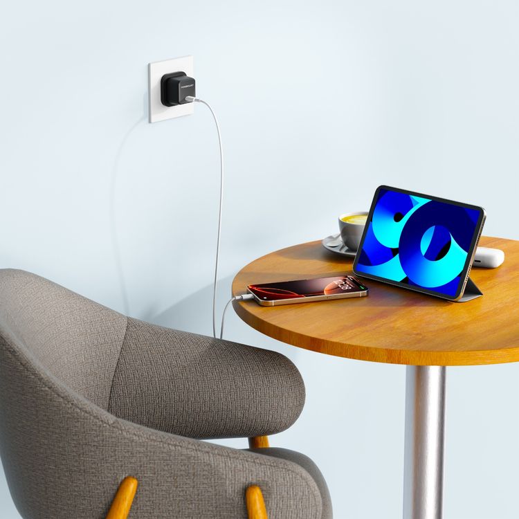 Powerology QX 45W Pocket-Sized GaN Adapter with Safety Protections, USB-C Port, Ultra-Compact Design, UK 3-Pin Plug, PD 45W - Black / Gray