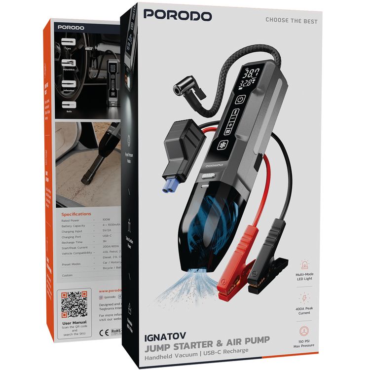 Porodo IGNATOV Jump Starter & Air Pump with Handheld Vacuum, USB-C Recharge, 400A Peak Current, 400A Peak Current, Multi-Mode LED Light, Preset Pressure Modes, Washable HEPA Filter - Black