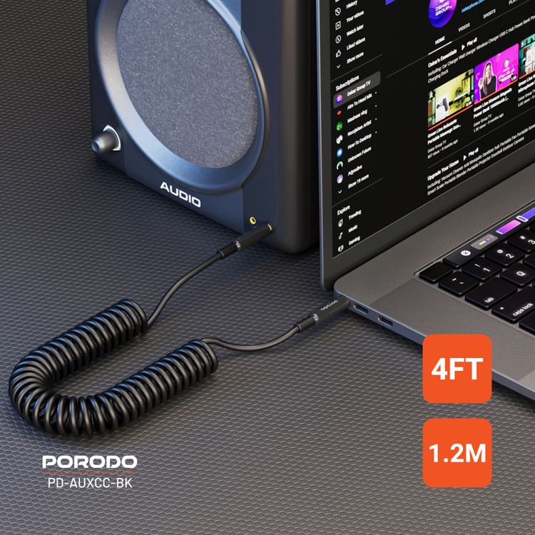 Porodo 3.5mm AUX to 3.5mm AUX Coiled Audio Cable with 1.2m Length, Universal Compatibility, Auto-Retract & Tangle-Free Design - Black