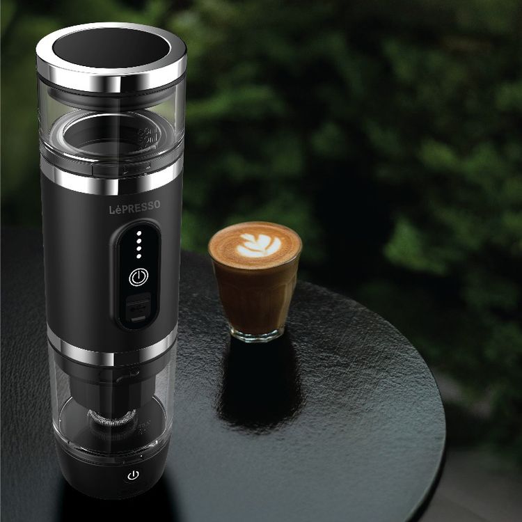 LePresso 4-in-1 Portable Coffee Machine with Milk Frother, 80mL Capacity, 20BAR Pressure, 2500mAh Battery Capacity, 100W Power, Compatible with Coffee Powder & Capsules, 3-4 Minutes Brewing Time - Black