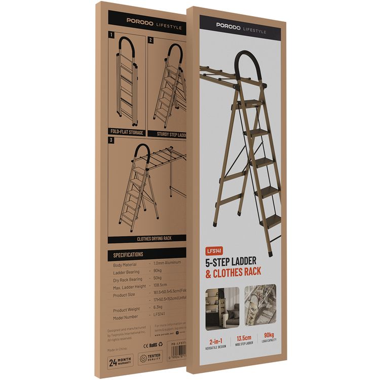 Porodo Lifestyle 5-Step Ladder & Clothes Rack with 90kg Load Capacity, 13.5cm Wide Step Ladder, 1.0mm Aluminum Body Material, Fold-Flat Storage, 2-in-1 Adaptable Design - Champagne