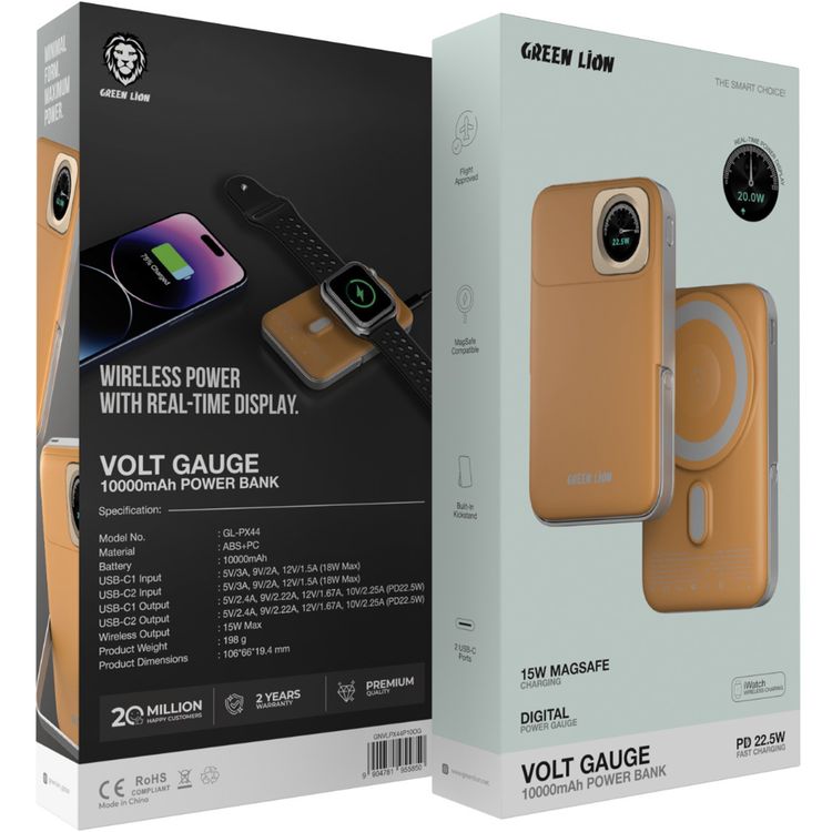 Green Lion Volt Gauge 10000mAh Power Bank with Dual USB-C Ports, ABS & PC Material, 15W Wireless Output, 22.5W Power Delivery, Flight Approved, Built-in Kickstand, Fast Charge Support - Orange