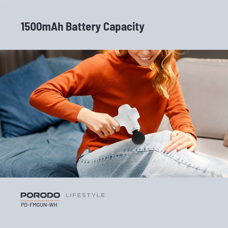 Porodo Lifestyle Precision Handheld Massager with 4 Interchangeable Heads, Up to 120 Minutes Working Time, 2 Hours Charging Time, Type-C Charging Port, 1500 mAh Battery Capacity, 15 W Rated Power, 6 Intensity Levels - White