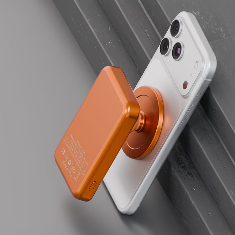 Green Lion Grip Mag 5000mAh Power Bank with PD 30W, MagSafe Compatible, LED Battery Indicator, Secure Magnetic Hold, Built-In Safeguards, Pop-Out Stand & Grip, Pocket-Sized Power, Ultra-Slim Design - Orange