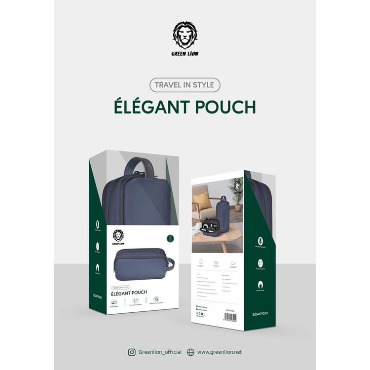 Green Lion Elegant Pouch with 600D Polyester & Leather Trim Material, Multifunctional Storage, Head Hang for Easy Carrying, Waterproof - Blue
