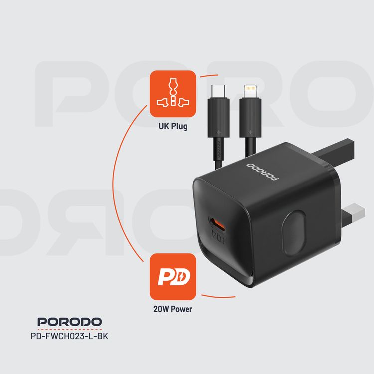 Porodo شاحن حائط بقوة 20 واط (UK) مع كابل Type-C إلى Lightning، حماية من الحرارة الزائدة، محمول - أسود
