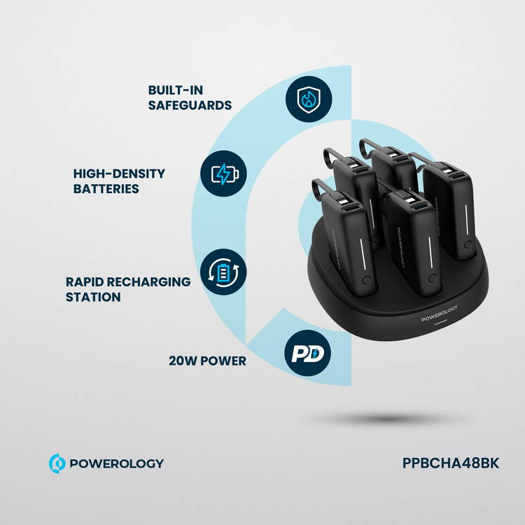 Powerology 5 x 10000mAh Power Bank Station with 50W PD, USB-A, USB-C, Type-C Built-in Cable, 12V/1A Max Contact Input, Rapid Recharging Station, High-Density Batteries, Type-C Built-in Cable, 5V/3A Total Output, Built-in Safeguards - Black