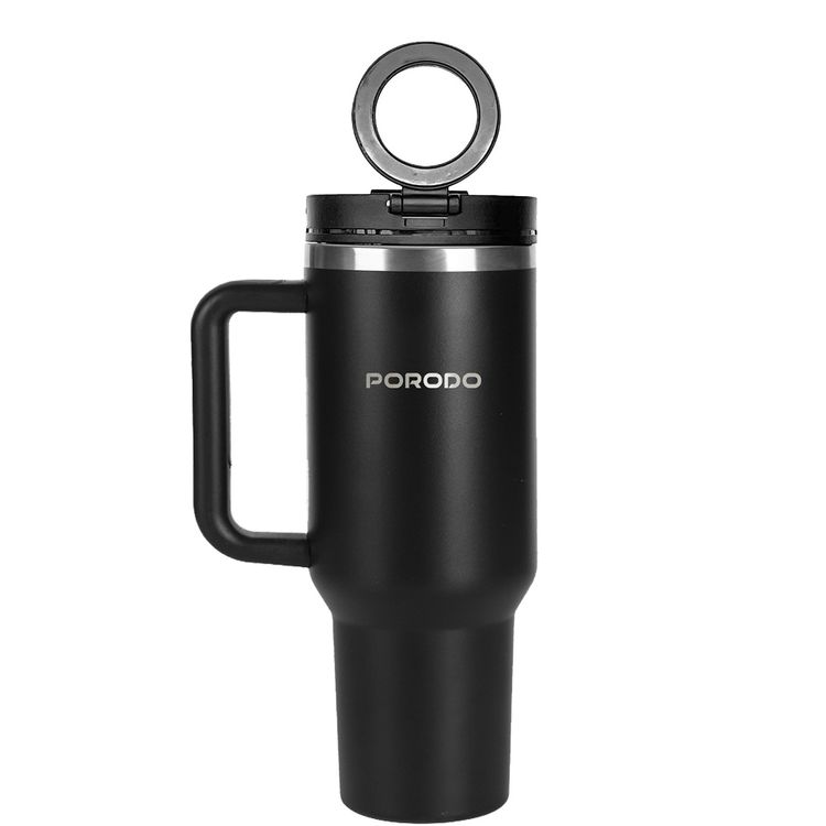 Porodo Lifestyle Magnetic-Mount Insulated Tumbler with 1.2L Capacity, MagSafe Compatibility, Stainless Steel Material, 90° Tilt Angle, Effortless Multitasking, 360° Rotation - Black
