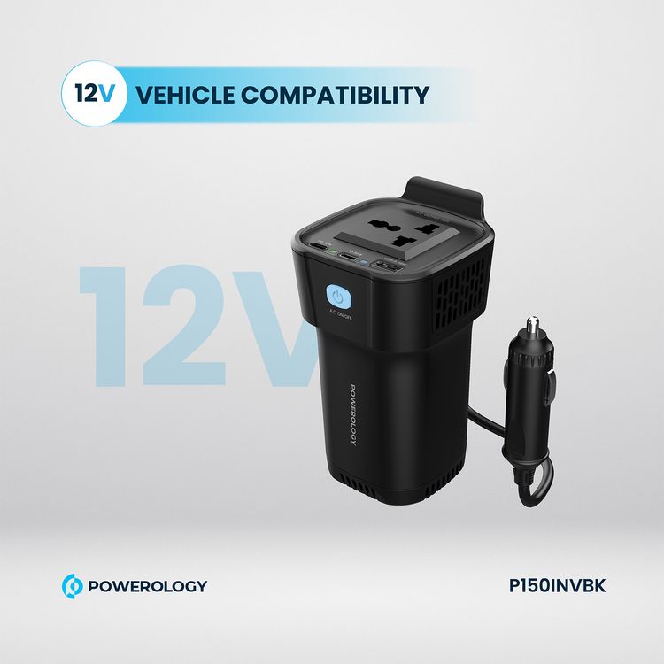 حامل أكواب باورولوجي 150 واط، محول طاقة مزدوج USB-C وUSB-A QC3.0 - أسود