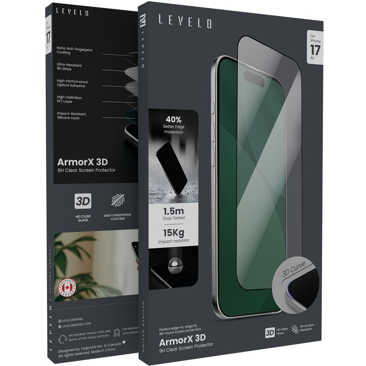 Levelo ArmorX 3D Clear Screen Protector with 9H Hardness for iPhone 17 Air, Oleophobic Coating, Anti-Scratch, Anti-Fingerprint, High-Definition PET Layer, High-Performance Optical Adhesive, Impact-Resistant Silicone Layer, Drop-Tested - Clear