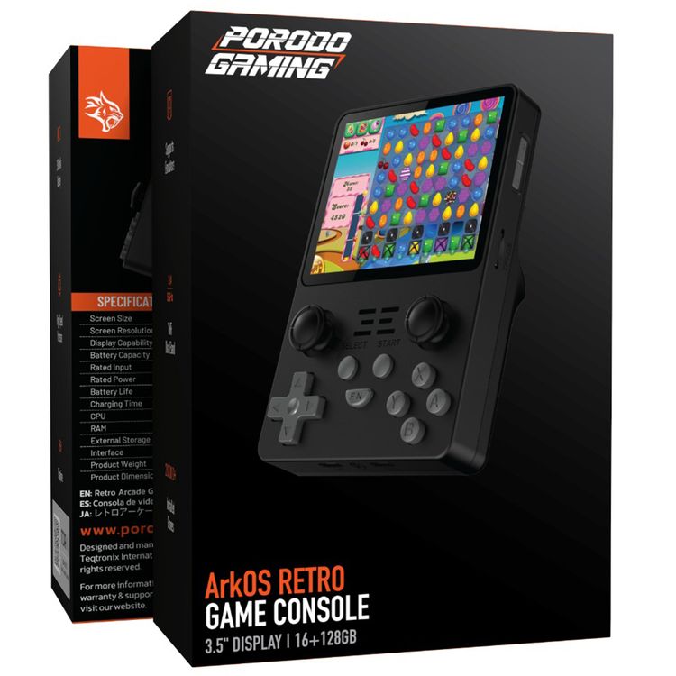 Porodo Gaming ArkOS Retro Gaming Console with More than 20,000 Games Installed, Up to 8 Hours of Playtime, High-Speed Processor, 640 × 480-pixel Resolution - Black