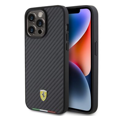 Ferrari iPhone 15 Pro For PU Leather Case with Italy Flag Line - Carbon Black