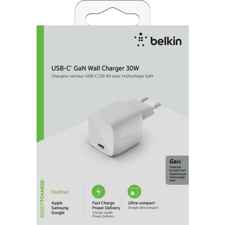 Belkin Boost Charge USB-C GaN Wall Charger 30W EU Fast Charging Adapter - White