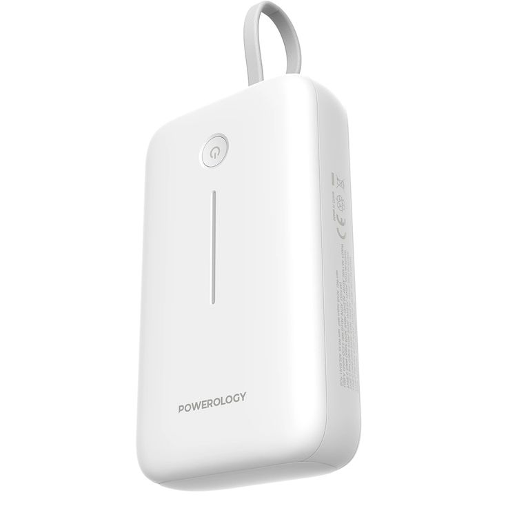 Powerology 20000mAh Power Bank with Detachable USB-C Wire, 30W Power Delivery, 3-Device Charging, Long Time Standby, Universal Phone Compatibility, Built-in Safeguards - White