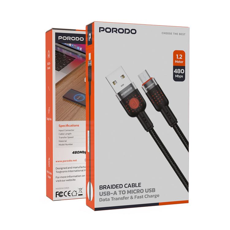 Porodo Braided USB-A to Micro USB Cable with 480Mbps Transfer Speed, 1.2m Cable Length, More than 15,000 Bends Lifespan, Tangle-Free Design - Black