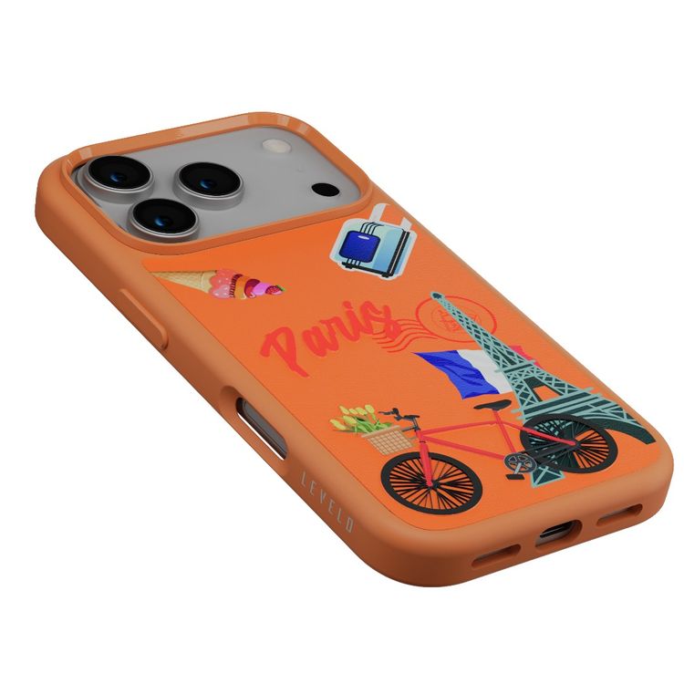 Levelo Vallo PU Leather Case for iPhone 17 Pro Max with Embroidery Paris Finish, Comfortable Hold, Durable PU Leather, Raised Bezels for Camera and Screen, True Microfiber Interior Lining, Scratch & Wear Resistant, Shock-Resistant Bumper - Sunrise Orange