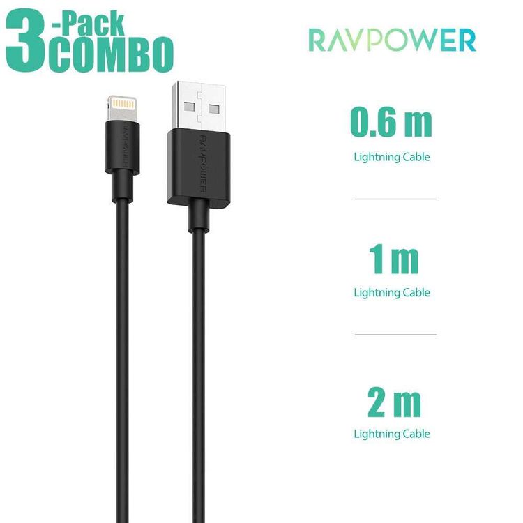 RAVPower 3-Pack Cable ( 0.6m / 1m / 2m ) Compatible with iPhone Lightning Devives - Charge & Sync Cord - Durable Fast Charging Connector with Overcharge Protection - Black
