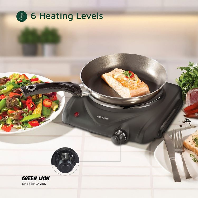 Green Lion Electric Stove with Single Hot Plate, 6 Heating Levels, Anti-Slip Base, Power Indicator, Easy-to-Clean Design, Thermostat Control, Iron & Plastic Material, 50-500° C Temperature Range, 70cm BS Plug - Black