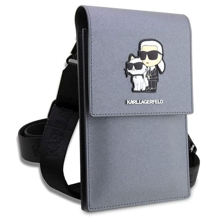 Karl Lagerfeld Saffiano Phone Pouch with K&C NFT Logo, Adjustable Shoulder Strap, Multiple Compartments, 3 Card Slots, Water Resistant - Silver
