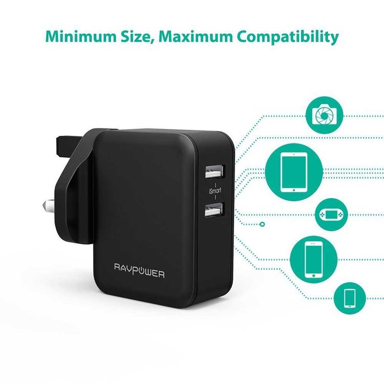 RAVPower 24W 4.8A Dual USB Wall Charger UK with iSmart Technology & LED Indicator - Portable Power Adapter w/ High-temperature & Over-charging Protection - Compact Design - Black